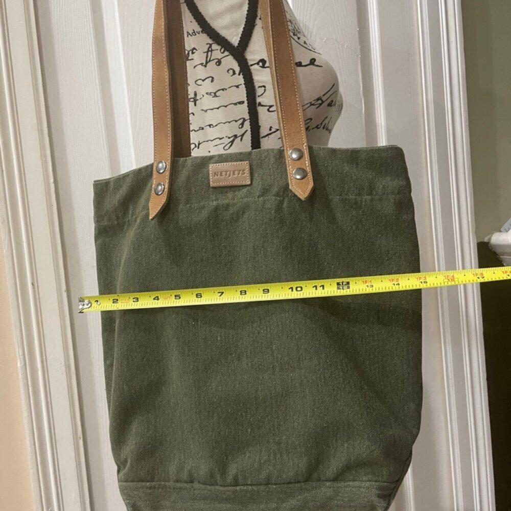 MILITARY GREEN CANVAS LEATHER TOTE BAG NETJETS BRAND - Picture 6 of 16